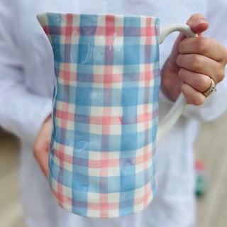 Noss & Co Medium Gingham Jug - Cornflower Blue & Rose Pink